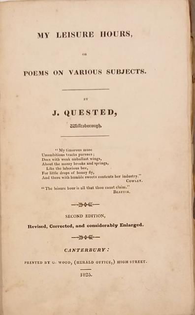 MY LEISURE HOURS or POEMS ON VARIOUS SUBJECTS. Second edition, …