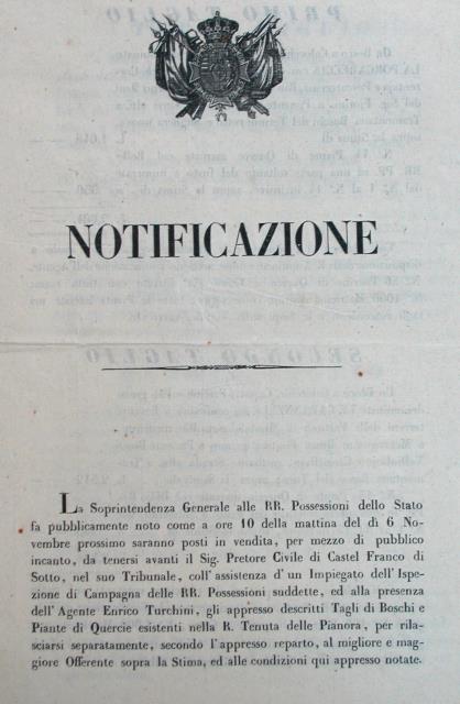 Notificazione del 13 ottobre 1856 della Soprintendenza Generale delle RR.Possessioni …