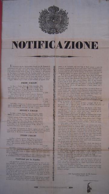 Notificazione del 21 novembre 1843 della Soprintendenza Generale delle RR.Possessioni …