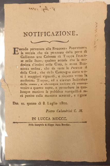 NOTIFICAZIONE. In merito all'ingresso di Truppe francesi a Gallicano, 8 …