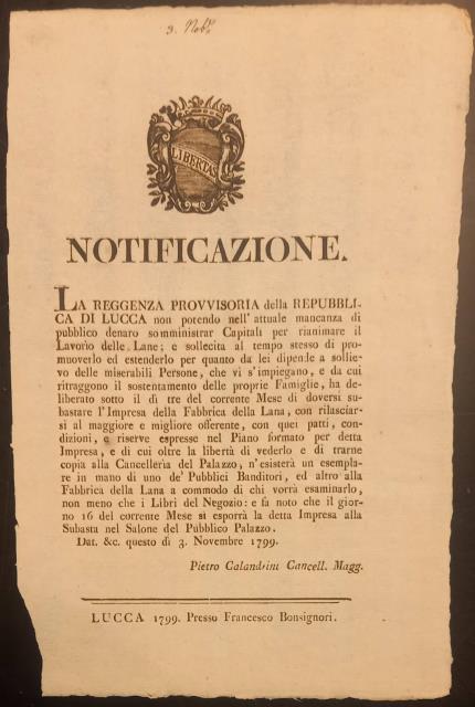 Notificazione in merito alla Fabbrica della Lana. 3 Novembre 1799.