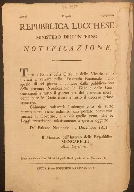 Notificazione per il versamento delle gabelle da parte dei Notai. …