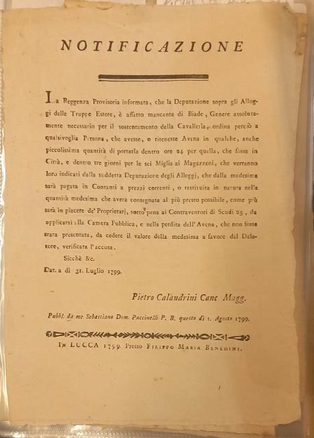 Notificazione per richiesta di biada e avena per cavalli. Seduta …
