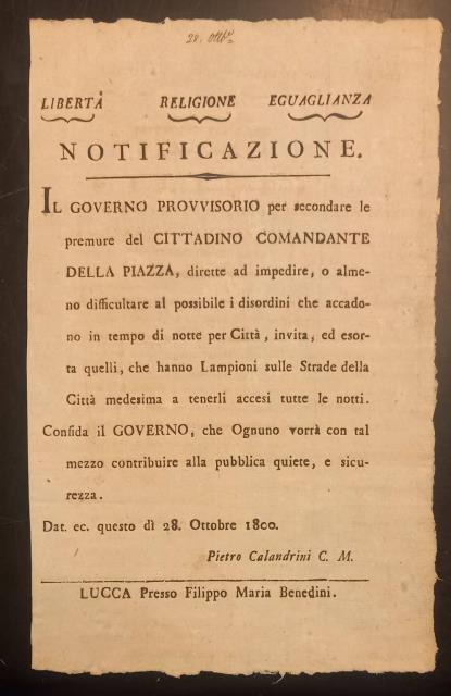 Notificazione per tenere accesi i lampioni. 28 ottobre 1800.