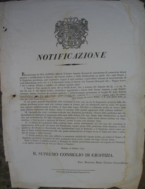 Notificazione promulgata dal Supremo Consiglio di Giustizia del Ducato di …