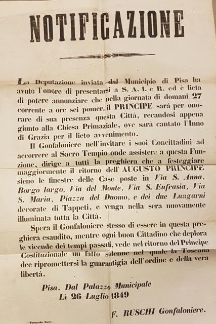 Notificazione ufficiale che annuncia la venuta a Pisa del Granduca …