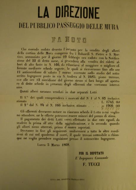 Notificazione ufficiale della "Direzione del Pubblico Passeggio delle Mura".
