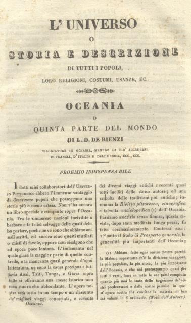 OCEANIA, O QUINTA PARTE DEL MONDO. L'Universo Pittoresco. (1838).
