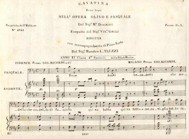 OLIVO E PASQUALE (1827). Cavatina "Bene bravi" esuguita dal Sig.Vincenzo …