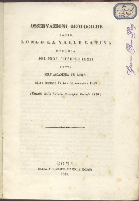 OSSERVAZIONI GEOLOGICHE FATTE LUNGO LA VALLE LATINA. Memoria letta nell'Accademia …