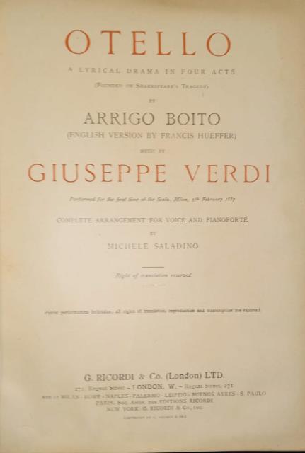 OTELLO (1887). A lyrical Drama lirico in four Acts (founded …