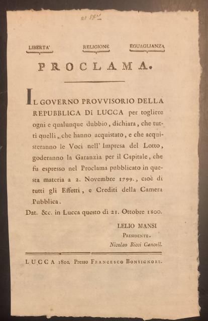 Proclama per l'impresa del lotto a Lucca. 21 ottobre 1800.