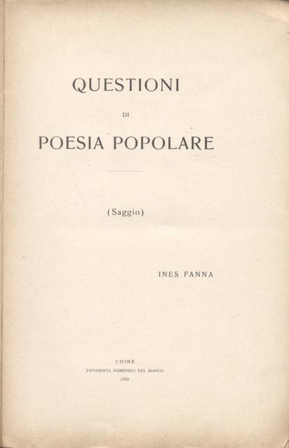 QUESTIONI DI POESIA POPOLARE. Saggio.