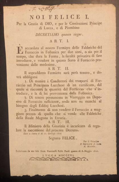 Raccolta di ferraccio a Lucca e Follonica. Decreto del 11 …