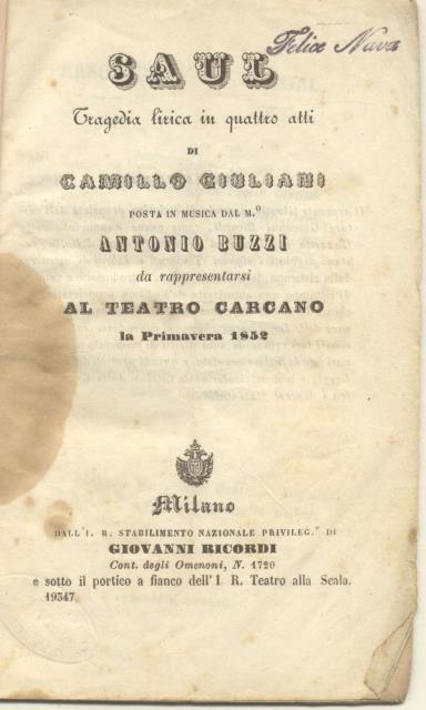 SAUL (1843). Libretto d'opera. Tragedia lirica in quattro atti di …