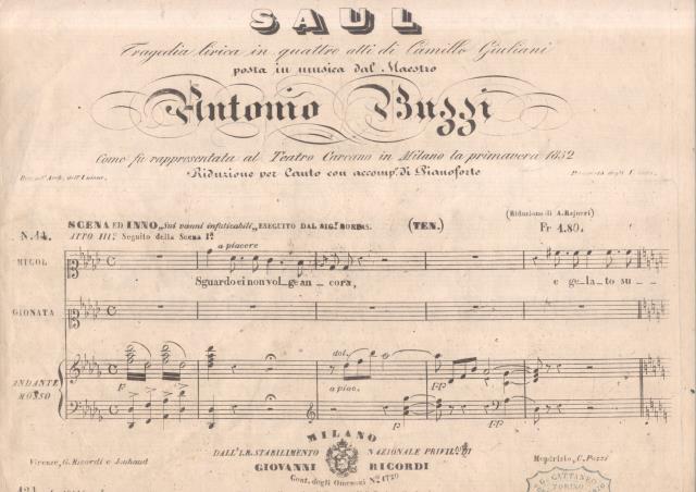 SAUL (1843). Tragedia Lirica in quattro Atti di Camillo Giuliani, …
