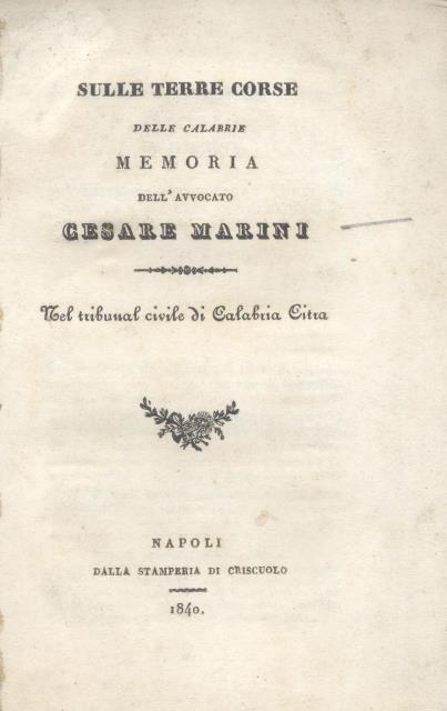 SULLE TERRE CORSE DELLE CALABRIE. Memoria nel tribunal civile di …