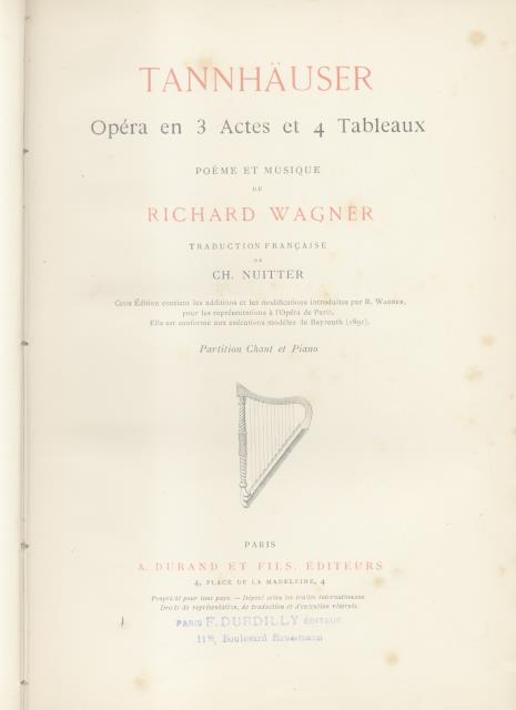TANNHAUSER (1845). Opéra en trois Actes et quatre Tableaux. Traduction …