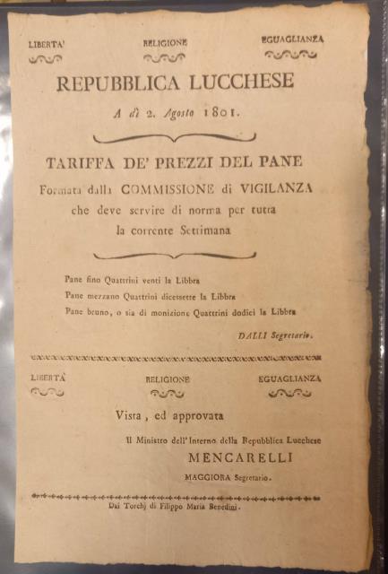 Tariffa de' Prezzi del pane. A dì 2 Agosto 1801.
