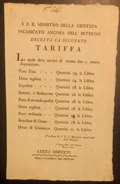 Tariffa dei prezzi della pasta, semolino, grano, granturco.