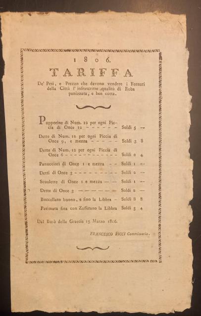 Tariffa dei prezzi di buccellato, pasimata, pane. 15 marzo 1806.