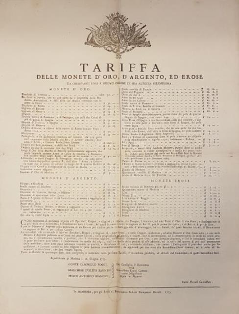 TARIFFA DELLE MONETE D'ORO, D'ARGENTO ED EROSE. Da osservarsi sino …