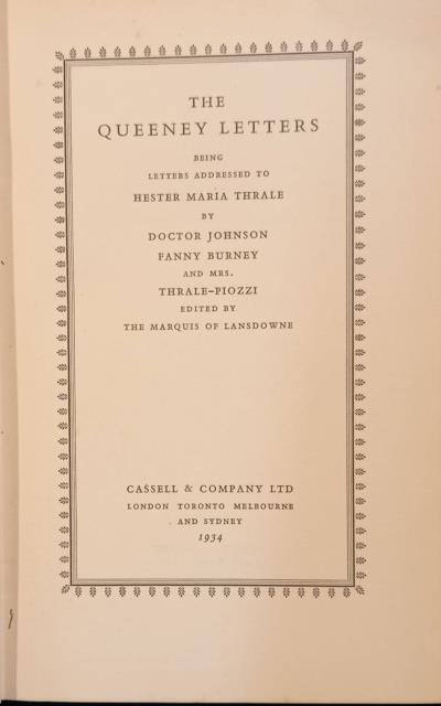 THE QUEENEY LETTERS. Being Letters Addressed to Hester Maria Thrale …