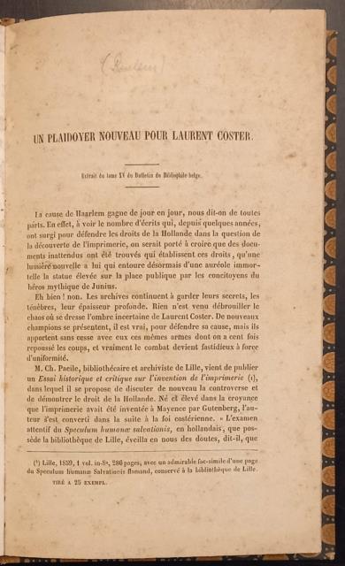 UN PLAIDOYER NOUVEAU POUR LAURENT COSTER. 1859 circa.