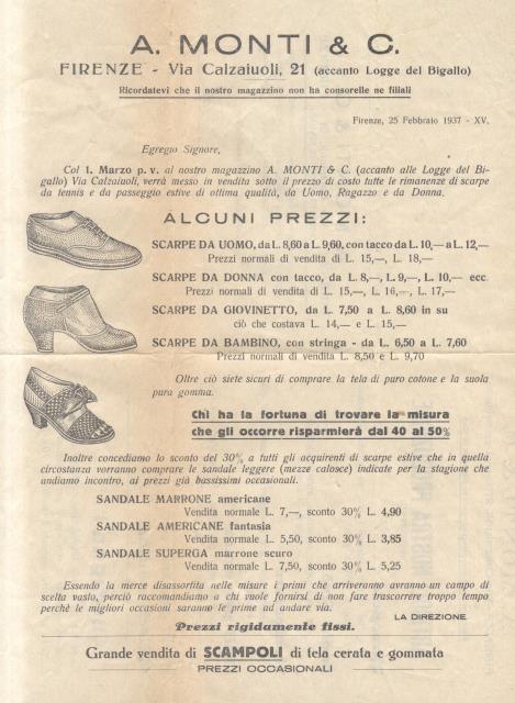 Volantino pubblicitario del negozio di scarpe "A. Monti", Via dei …
