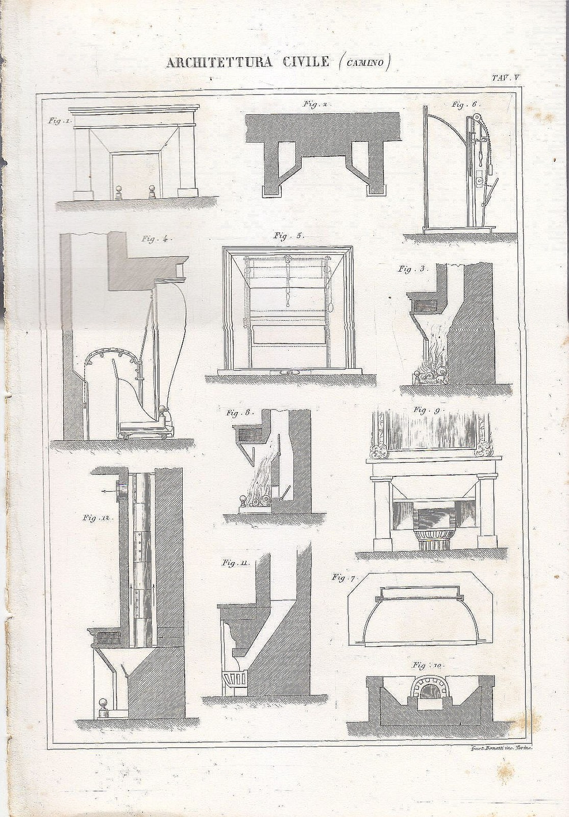 1866 Incisione Antica CAMINO stampa ARCHITETTURA CIVILE TAVOLA ORIGINALE
