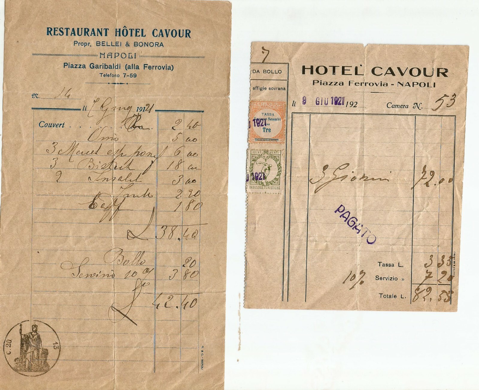 2 RICEVUTE del 1921 HOTEL CAVOUR Napoli Piazza Garibaldi alla …