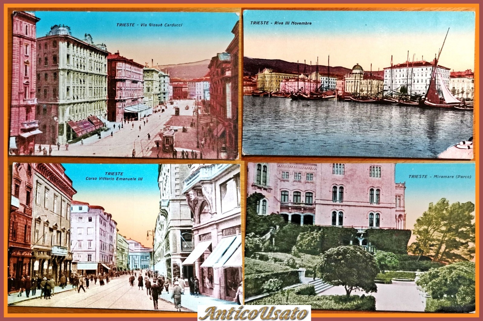 4 cartoline vintage TRIESTE anni '30 Non Viaggiate colorate Miramare …