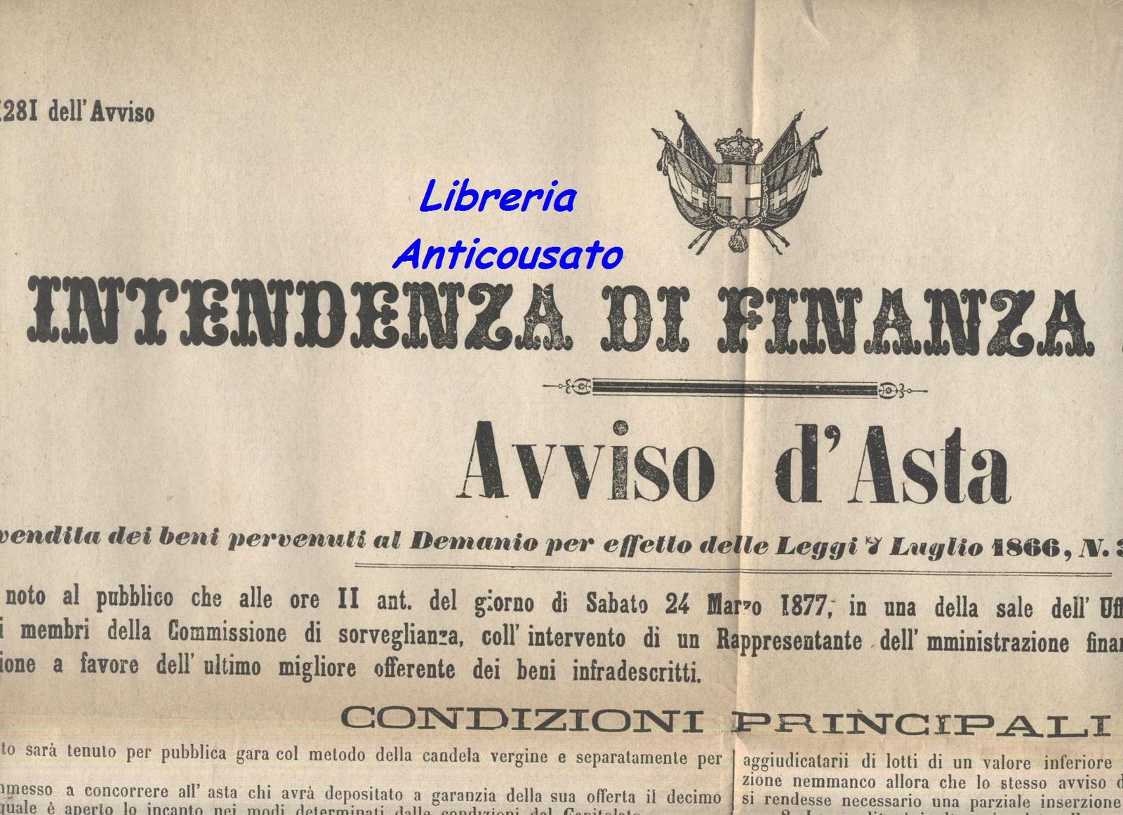 ACQUAVIVA DELLE FONTI Manifesto Originale 1877 AVVISO D'ASTA masseria Sant'Elia