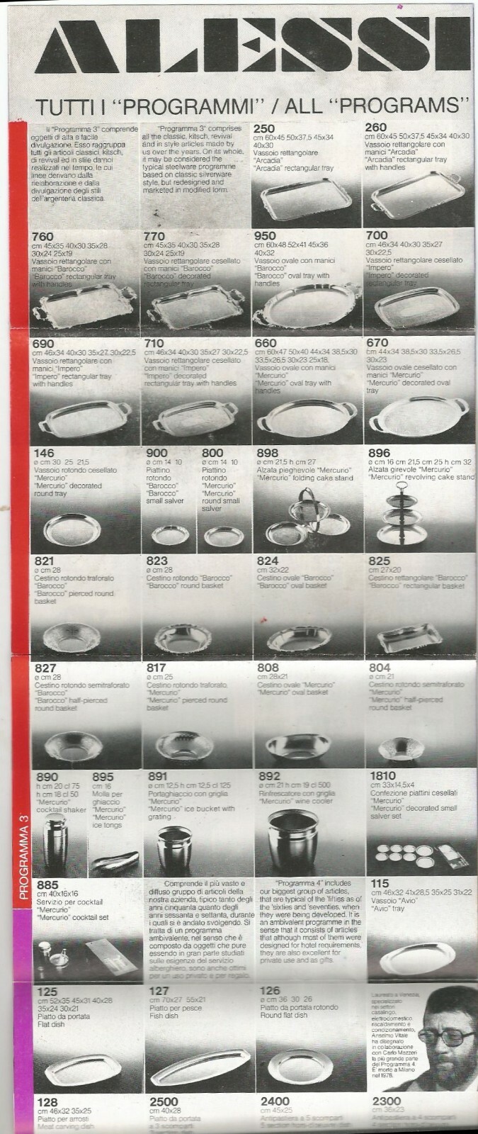 ALESSI design depliant pubblicitario TUTTI I PROGRAMMI ALL PROGRAMS 1970 …