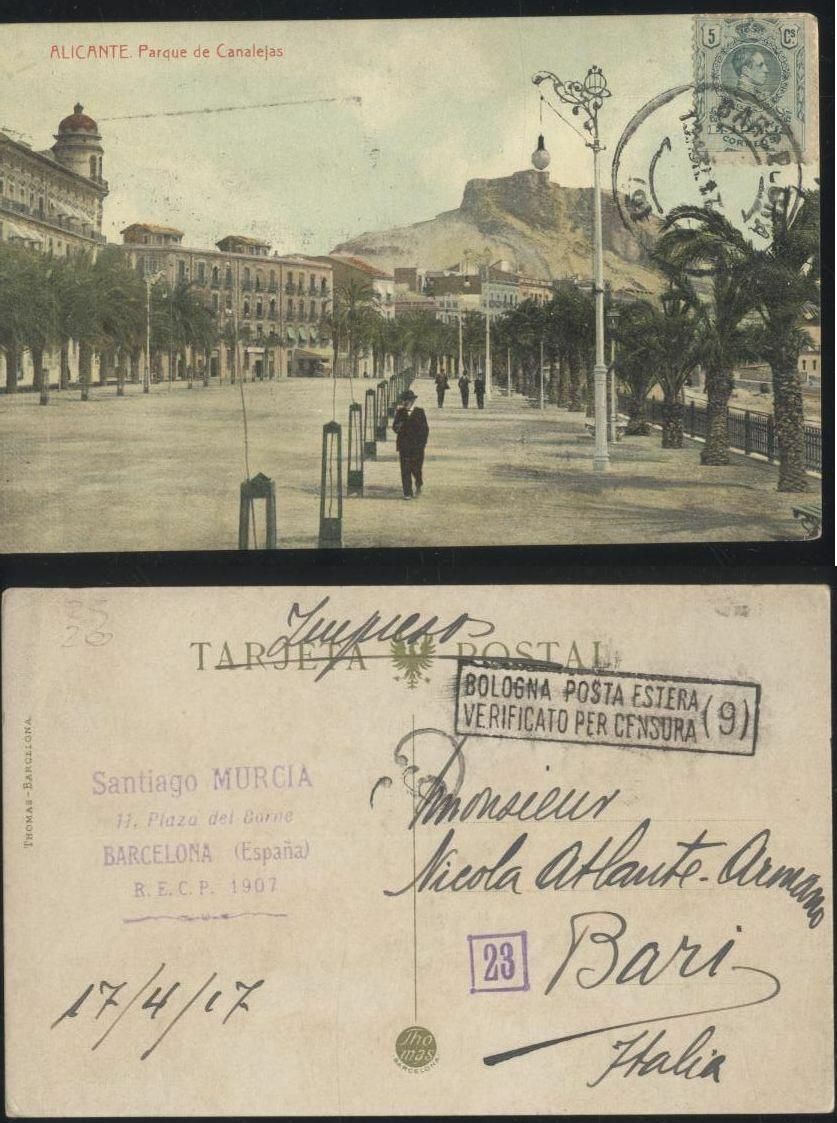 ALICANTE parque de Canalejas - cartolina viaggiata 1917 postcard tarjeta …