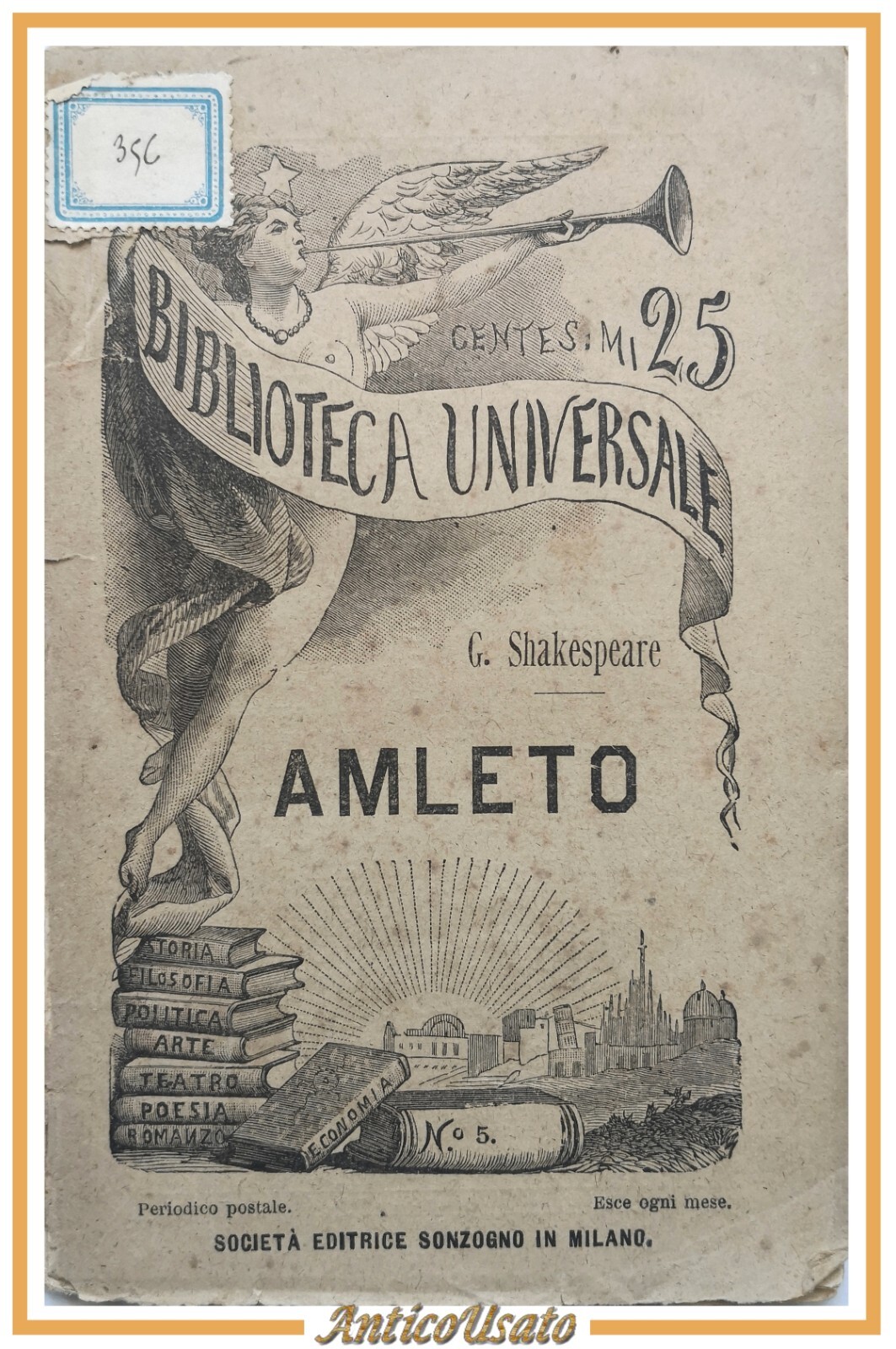 AMLETO tragedia di Guglielmo Shakespeare 1896 Sonzogno Libro William Teatro