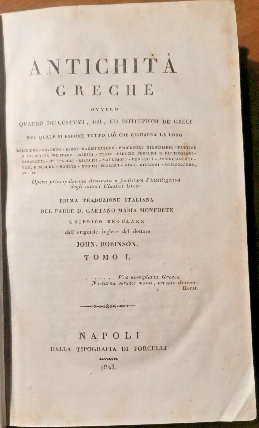 ANTICHITÀ GRECHE costumi usi istituzioni di John Robinson 1823 3 …