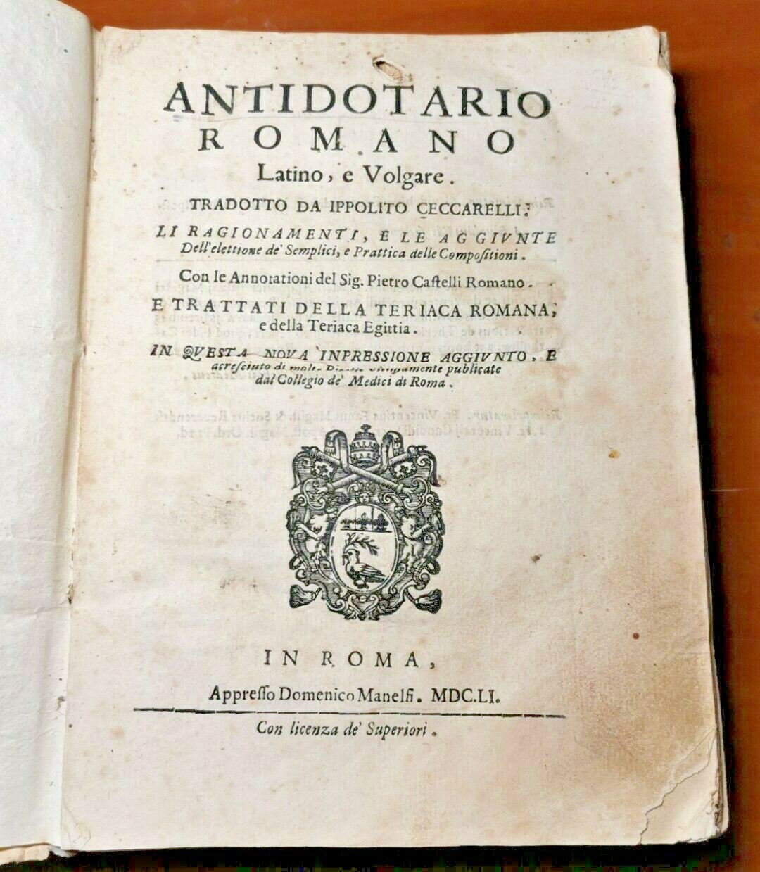 ANTIDOTARIO ROMANO latino e volgare di Ippolito Ceccarelli 1651 libro …