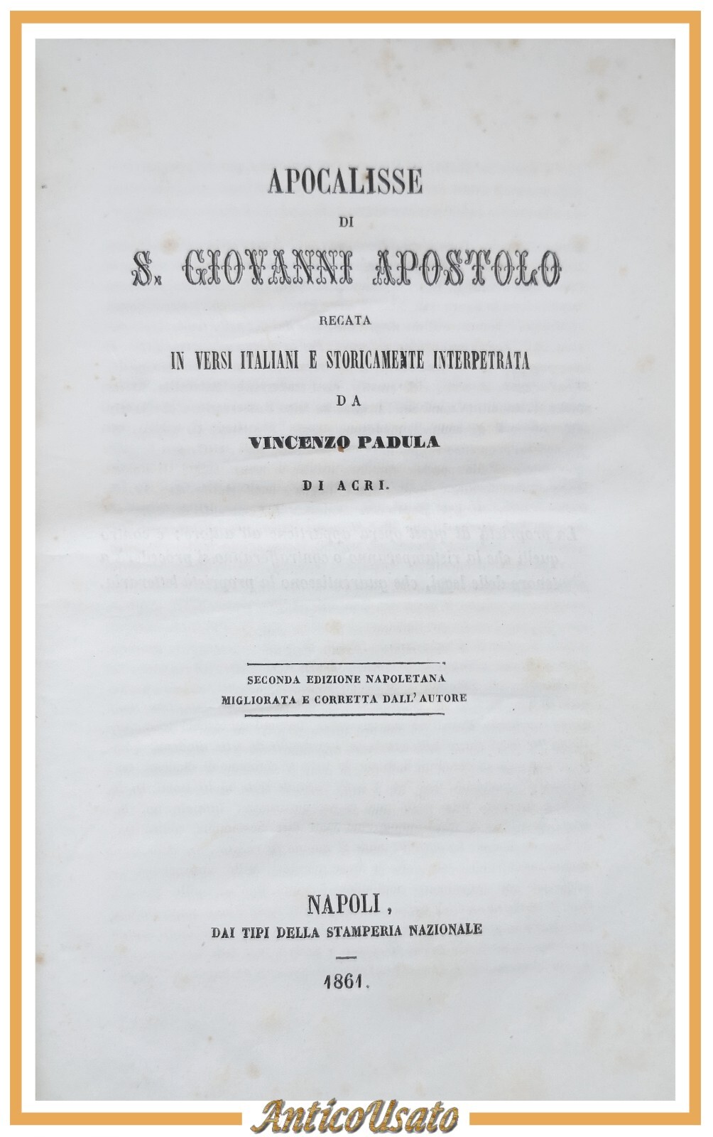 APOCALISSE DI SAN GIOVANNI APOSTOLO di Vincenzo Padula 1861 Libro …