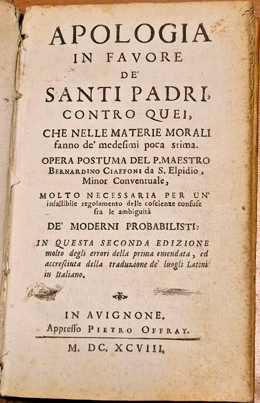 APOLOGIA IN FAVORE DE SANTI PADRI di Bernardino Ciaffoni 1698 …