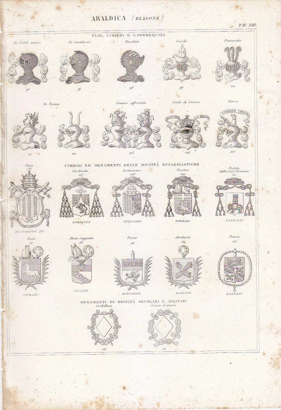 ARALDICA BLASONE Incisione Stampa Antica 1866 Tavola Originale Elmi cimieri