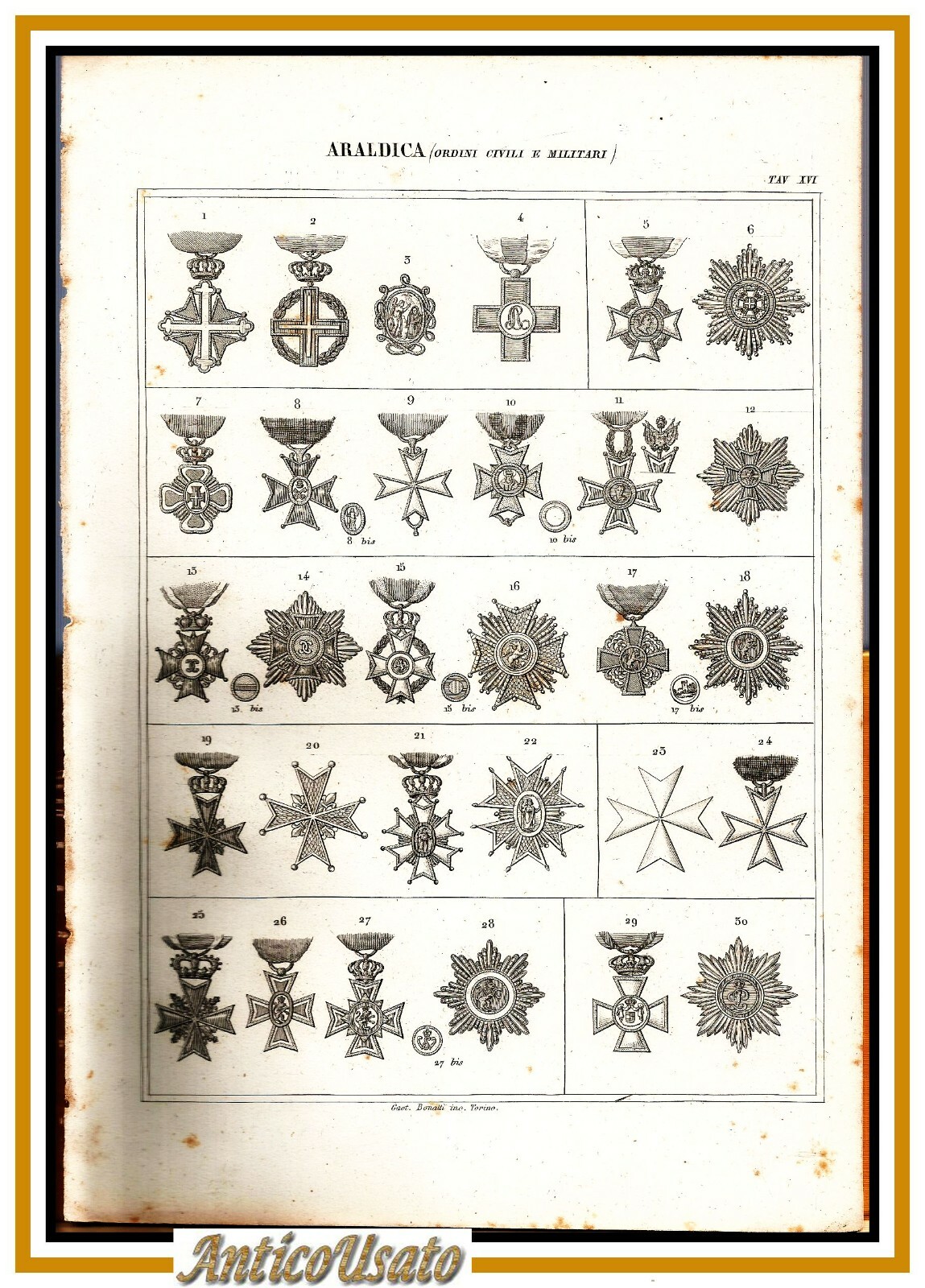 ARALDICA MEDAGLIE ORDINI CIVILI E MILITARI 1866 Tavola XVI Antica …
