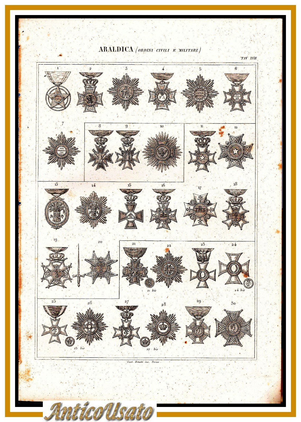ARALDICA MEDAGLIE ORDINI CIVILI E MILITARI 1866 Tavola XVII Antica …