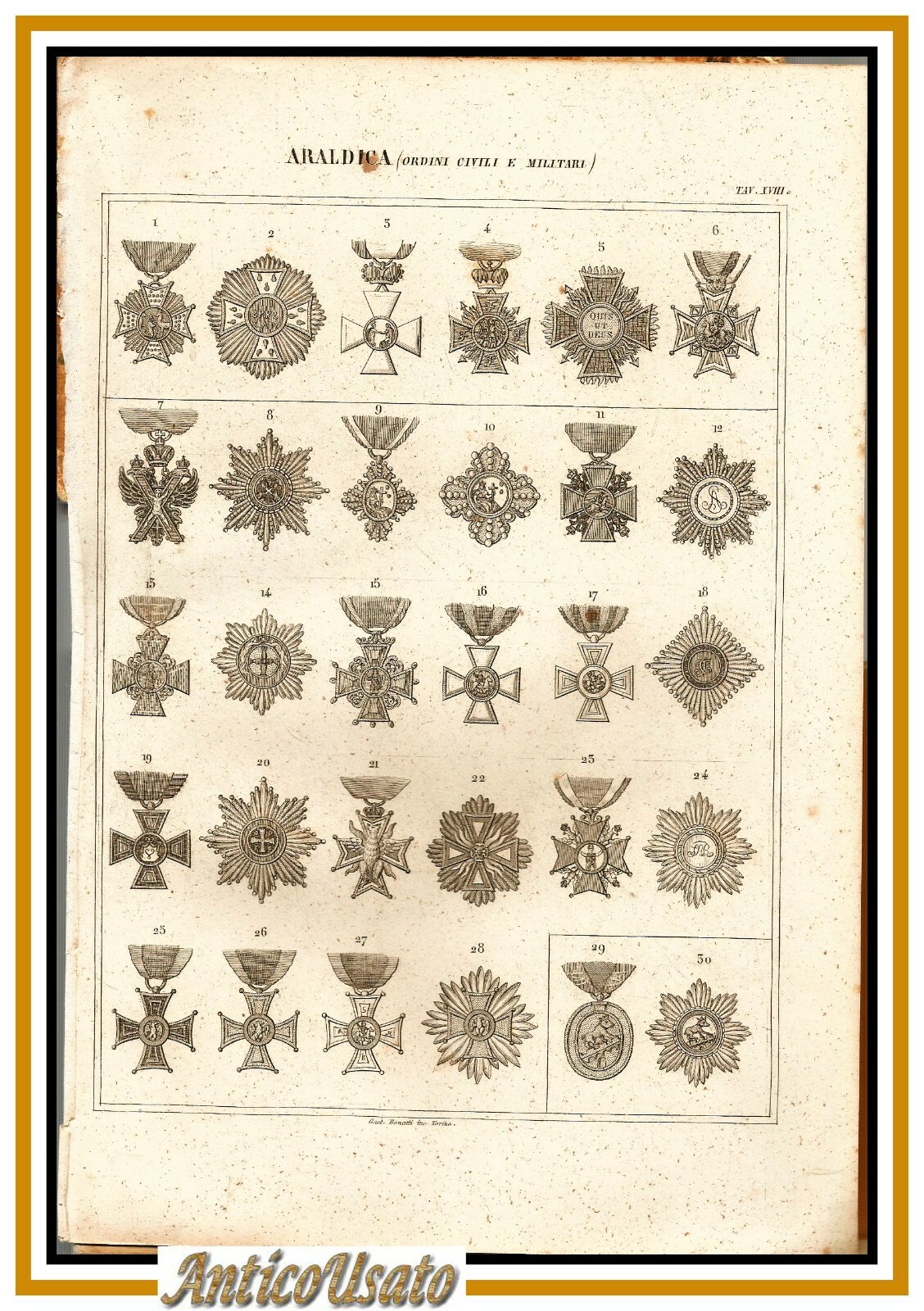 ARALDICA MEDAGLIE ORDINI CIVILI E MILITARI 1866 Tavola XVIII Antica …