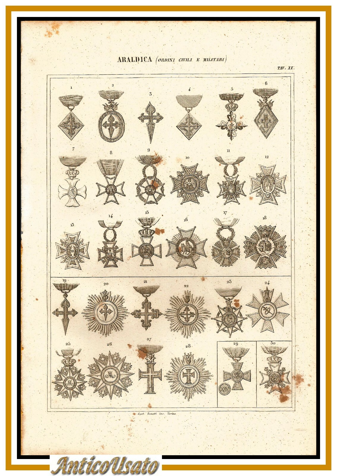 ARALDICA MEDAGLIE ORDINI CIVILI E MILITARI 1866 Tavola XX Antica …