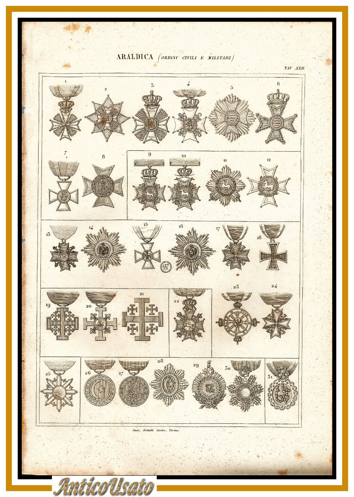 ARALDICA MEDAGLIE ORDINI CIVILI E MILITARI 1866 Tavola XXIII Antica …
