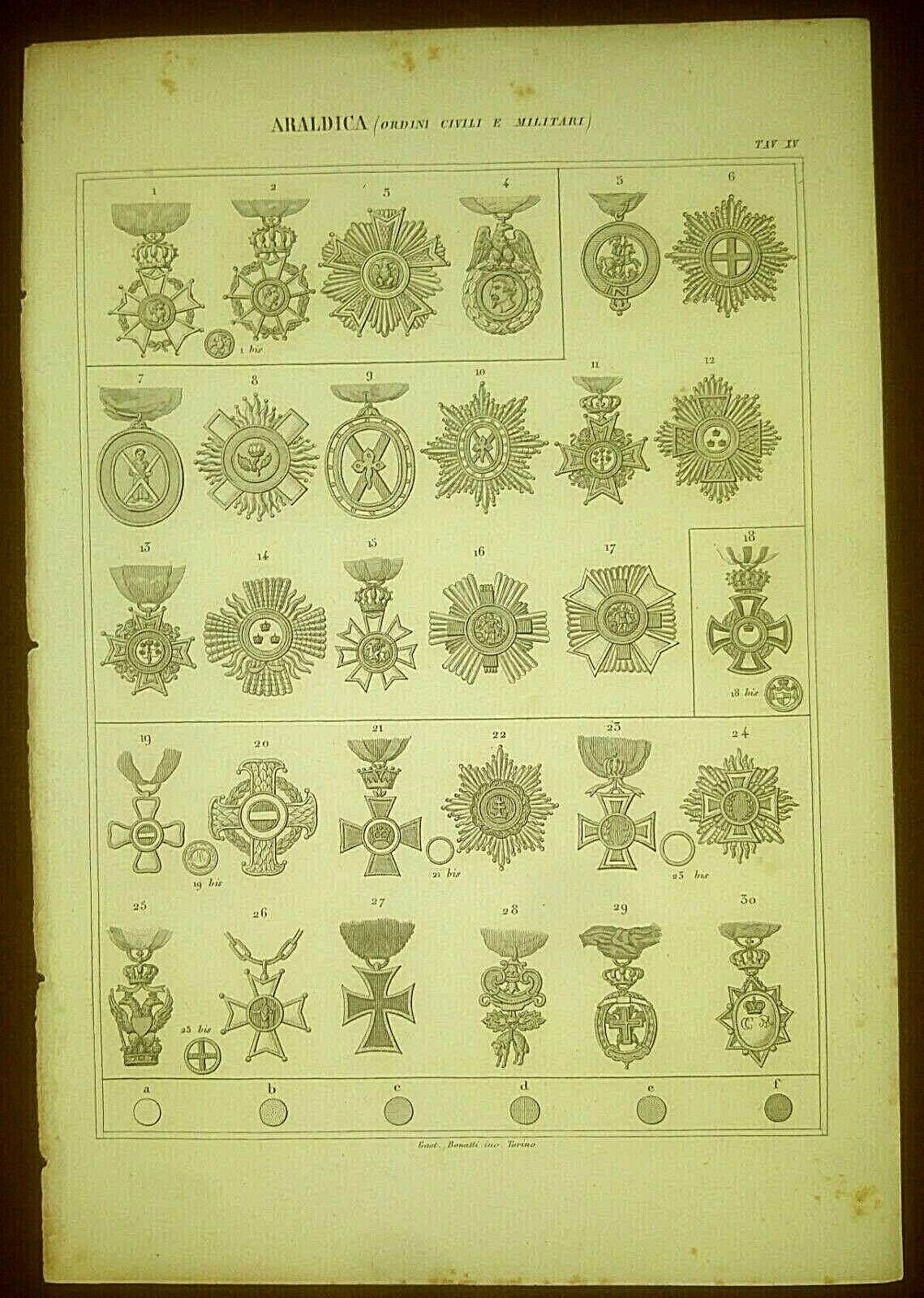 ARALDICA ORDINI CIVILI MILITARI MEDAGLIE Incisione Stampa 1866 Originale Antico