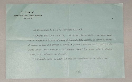 ARBITRI velina originale 1933 fascismo FIGC norme spese rimborso documento …