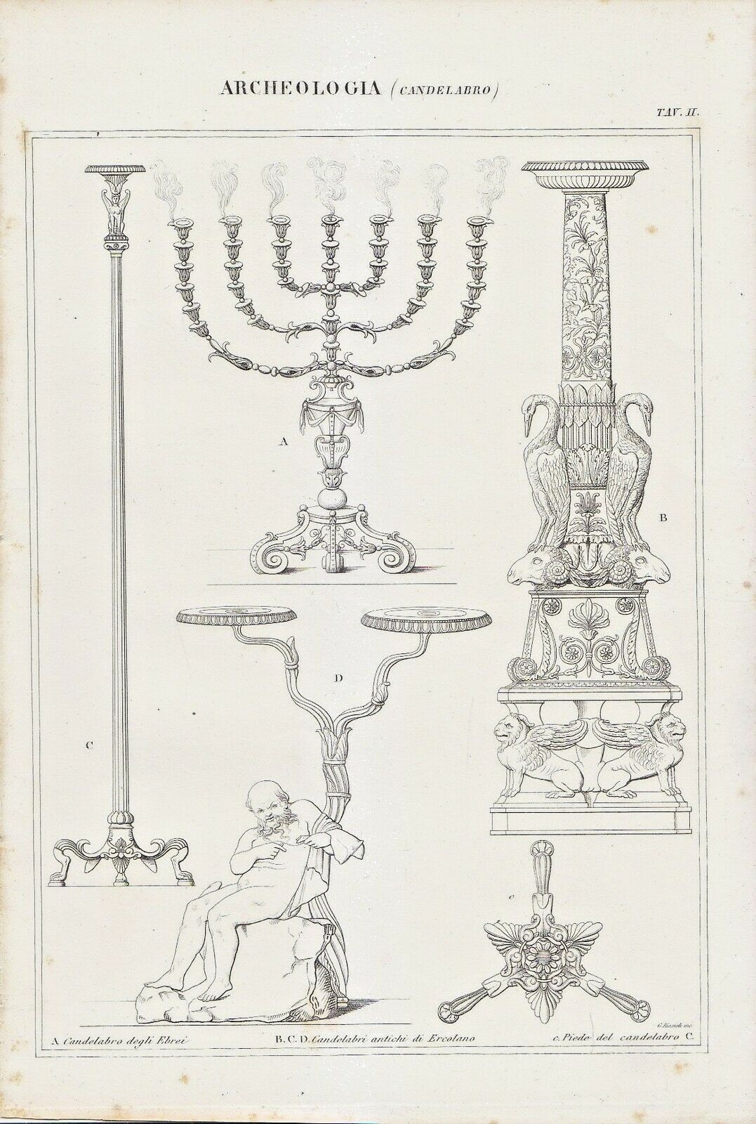 ARCHEOLOGIA CANDELABRO ERCOLANO EBREI Incisione Stampa Antica 1866 Originale