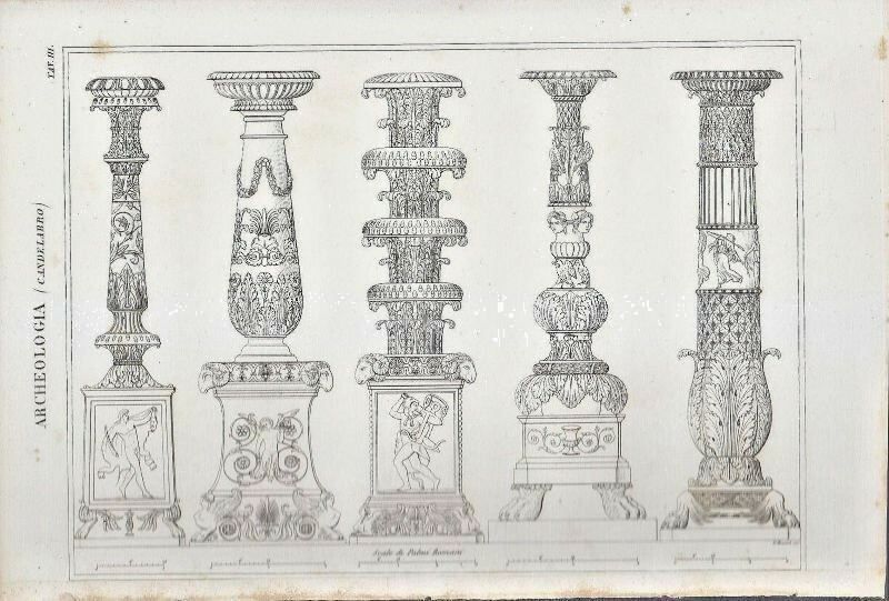 ARCHEOLOGIA CANDELABRO Incisione Antica Stampa Vintage1866 Originale TAVOLA III